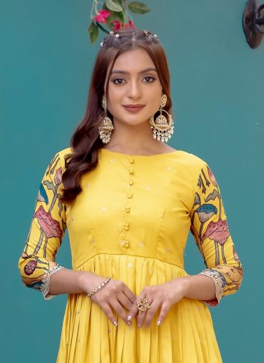 YELLOW & CREAM - Catalog # 59035 (Set of 2 Readymade Women's Kurtis / Tops) by Brand DESI MUSE