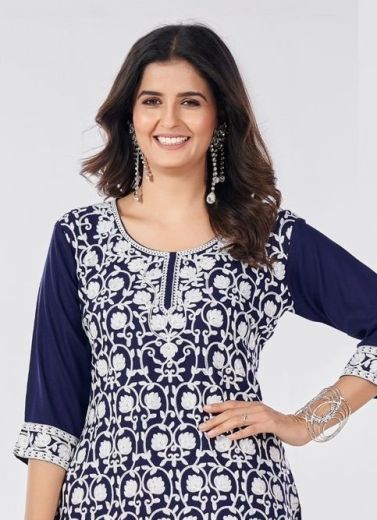 CHIKANKARI TOPS - Catalog # 59566 (Set of 7 Readymade Women's Kurtis / Tops) by Brand BLUE HILLS