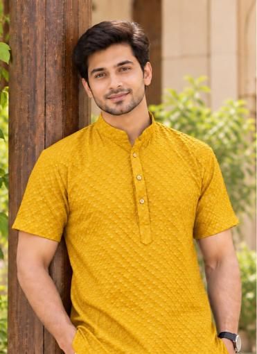 CHIKANKARI SHORT KURTA - Catalog # 67899 (Set of 6 Men's Ethnic Wear)