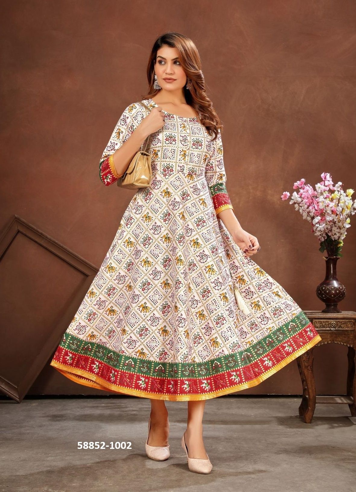 PATOLA FROCK STYLE - Catalog # 58852 (Set of 4 Readymade Women's Kurtis / Tops) by Brand POONAM DESIGNER