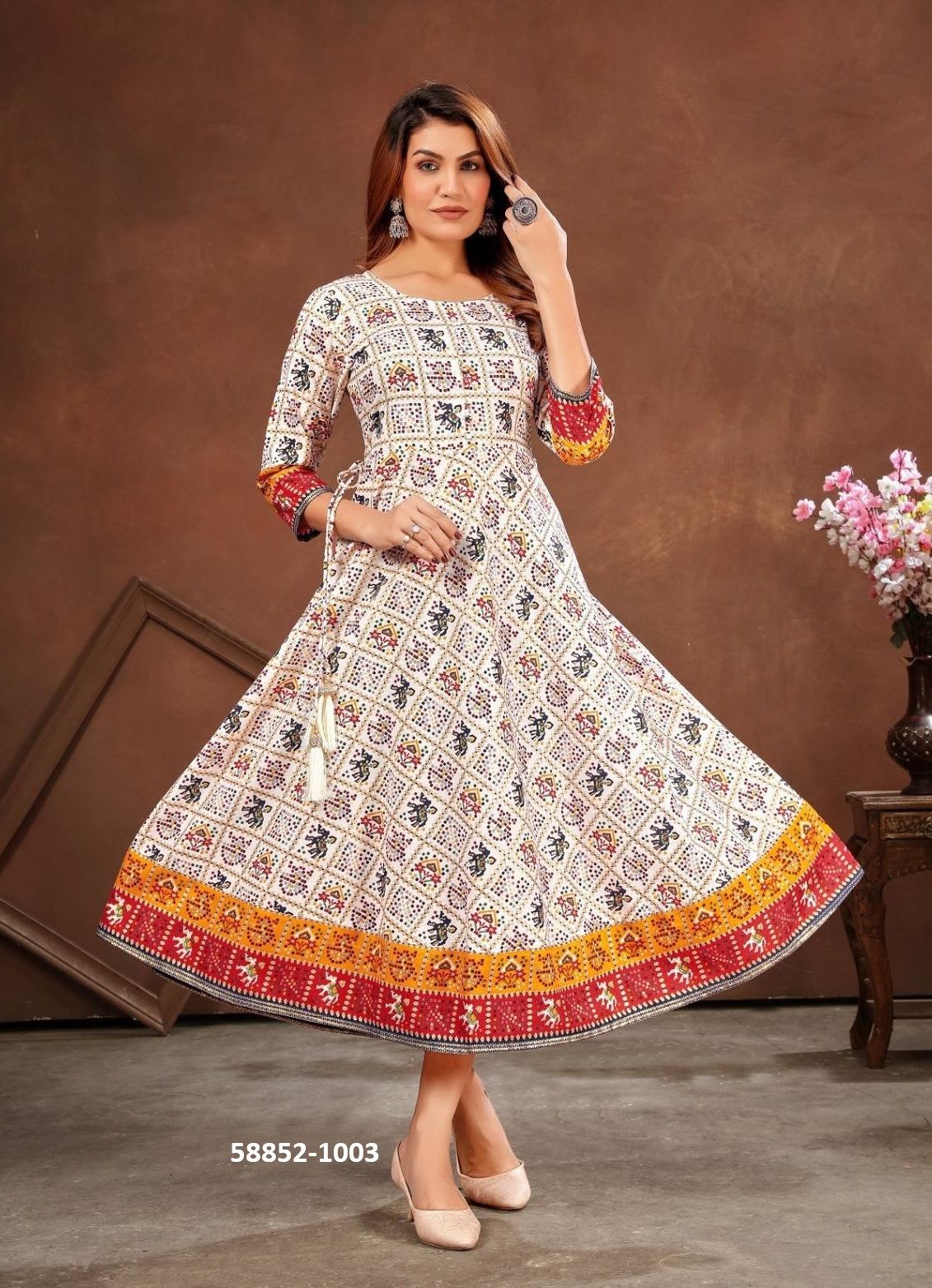 PATOLA FROCK STYLE - Catalog # 58852 (Set of 4 Readymade Women's Kurtis / Tops) by Brand POONAM DESIGNER