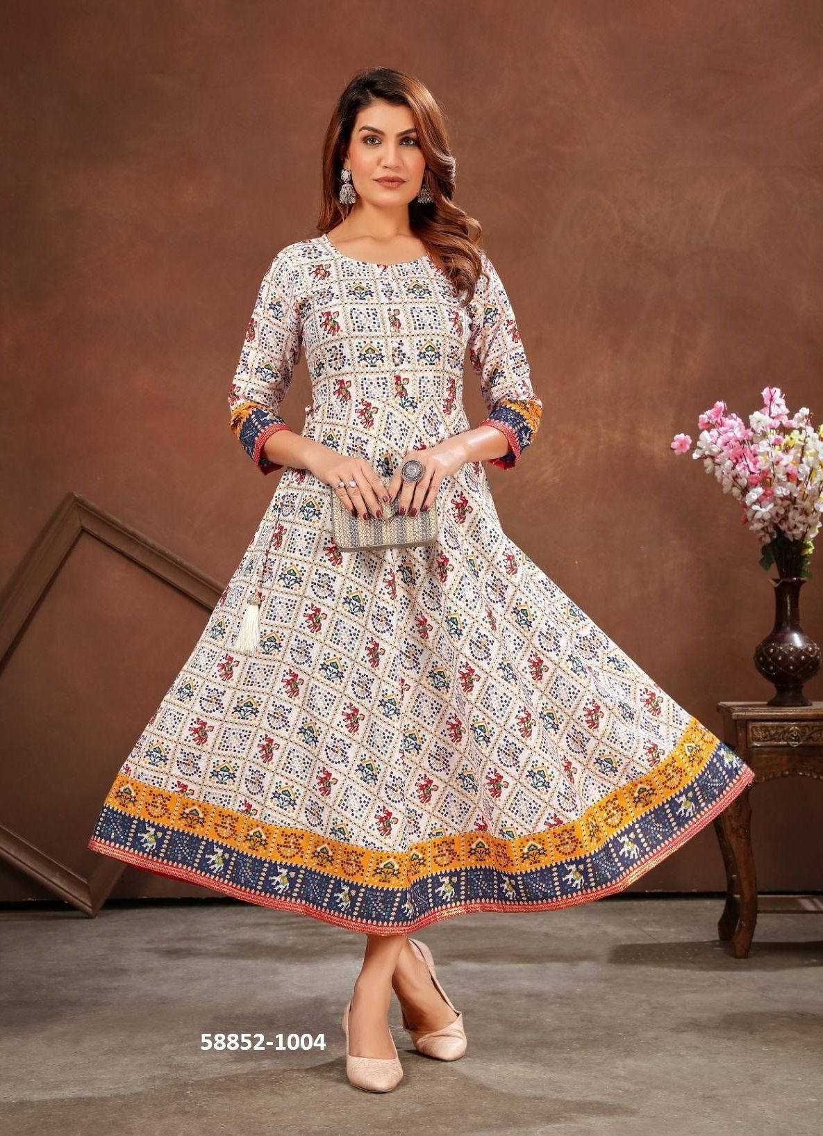 PATOLA FROCK STYLE - Catalog # 58852 (Set of 4 Readymade Women's Kurtis / Tops) by Brand POONAM DESIGNER