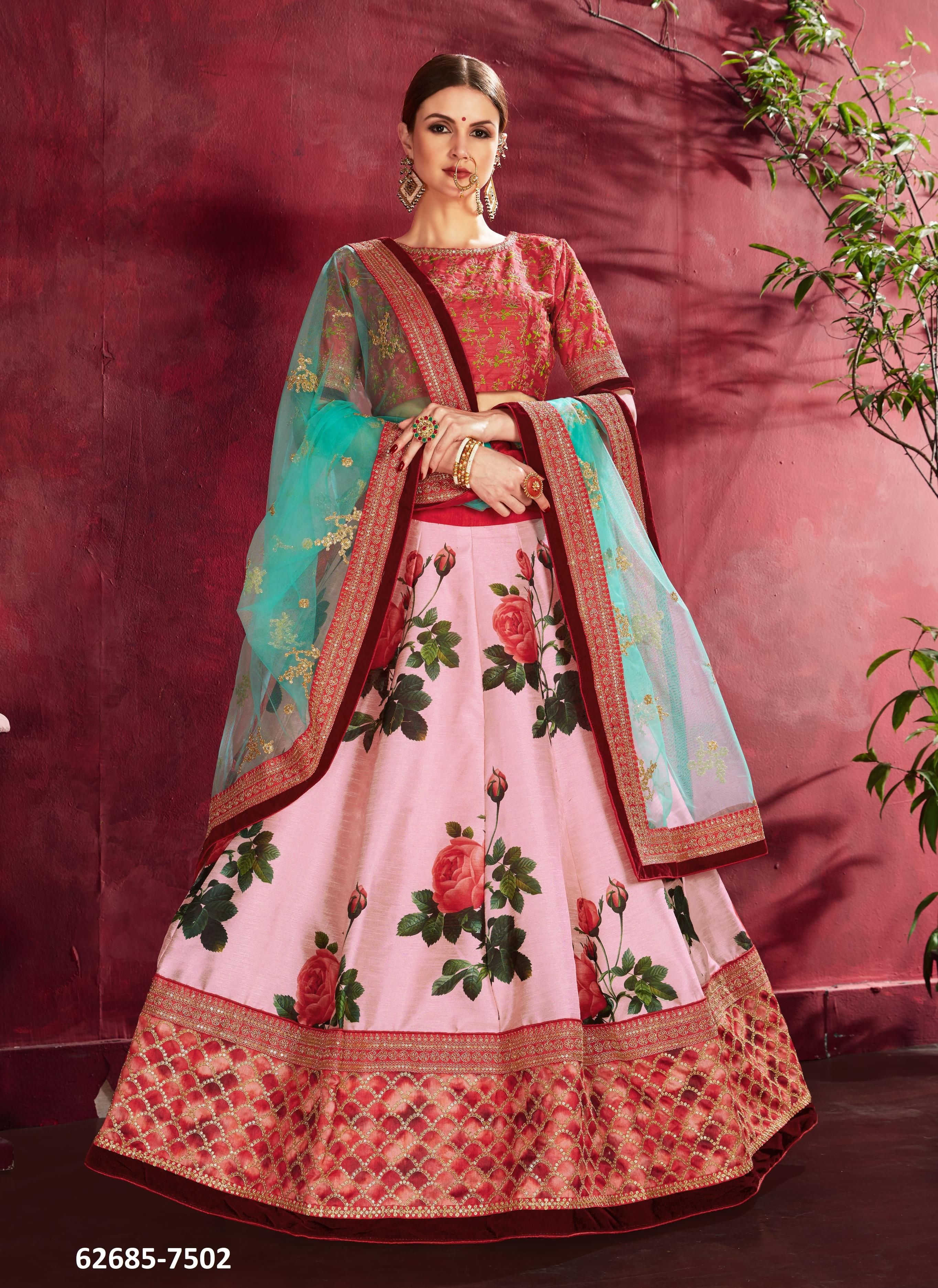 CARNATIONS - Catalog # 62685 (Set of 11 Semi-Stitched Lehengas) by Desi Muse