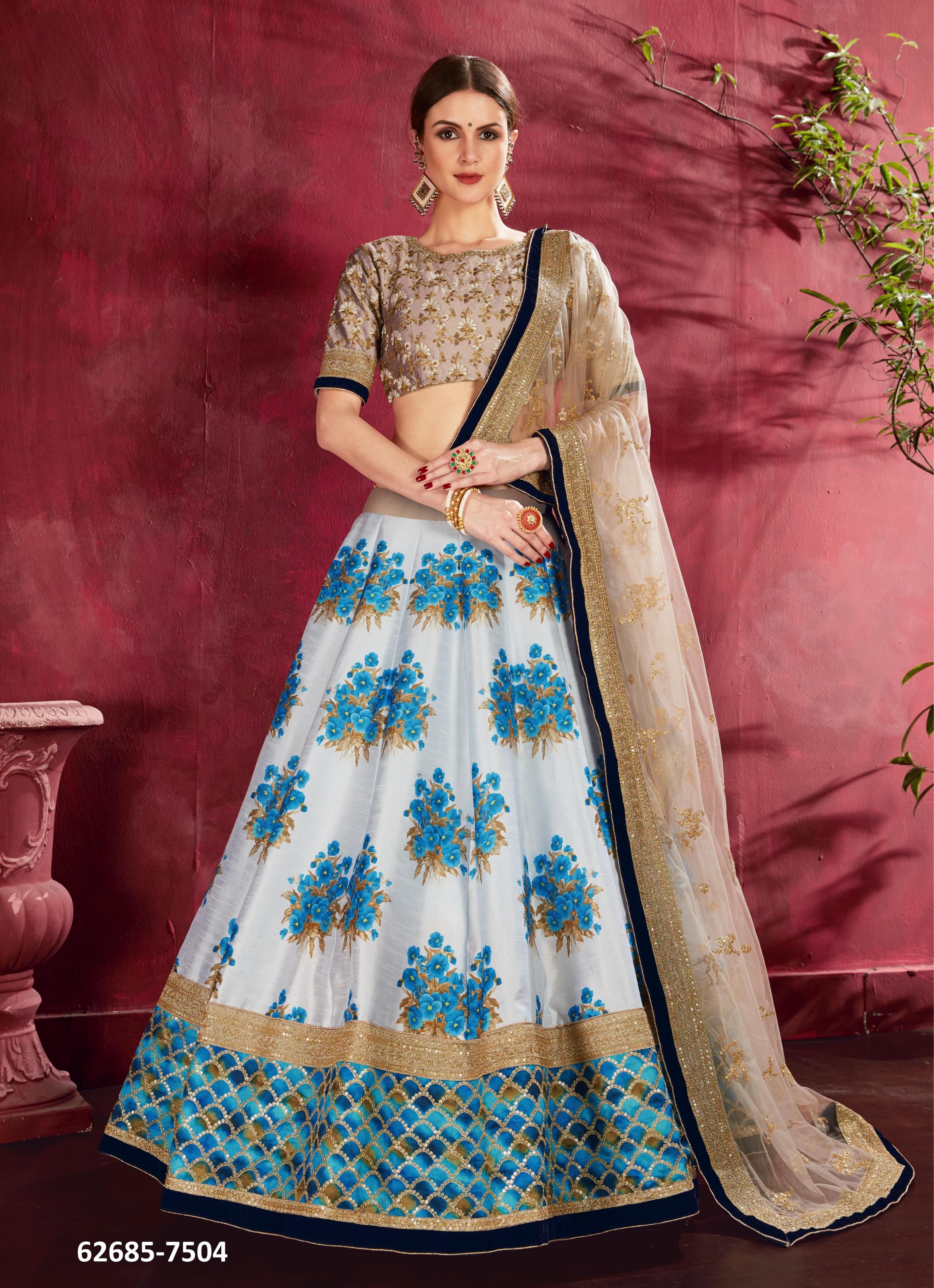 CARNATIONS - Catalog # 62685 (Set of 11 Semi-Stitched Lehengas) by Desi Muse