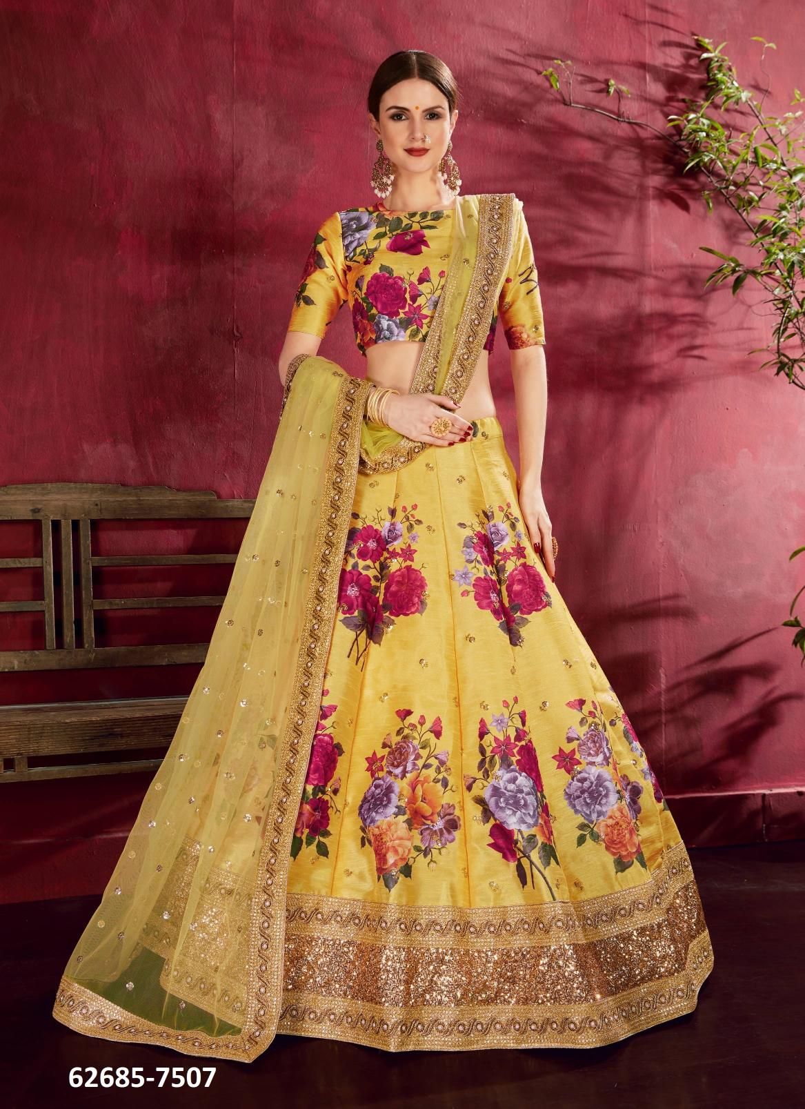 CARNATIONS - Catalog # 62685 (Set of 11 Semi-Stitched Lehengas) by Desi Muse