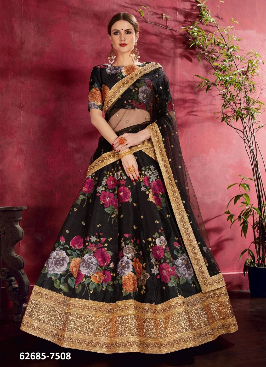 CARNATIONS - Catalog # 62685 (Set of 11 Semi-Stitched Lehengas) by Desi Muse