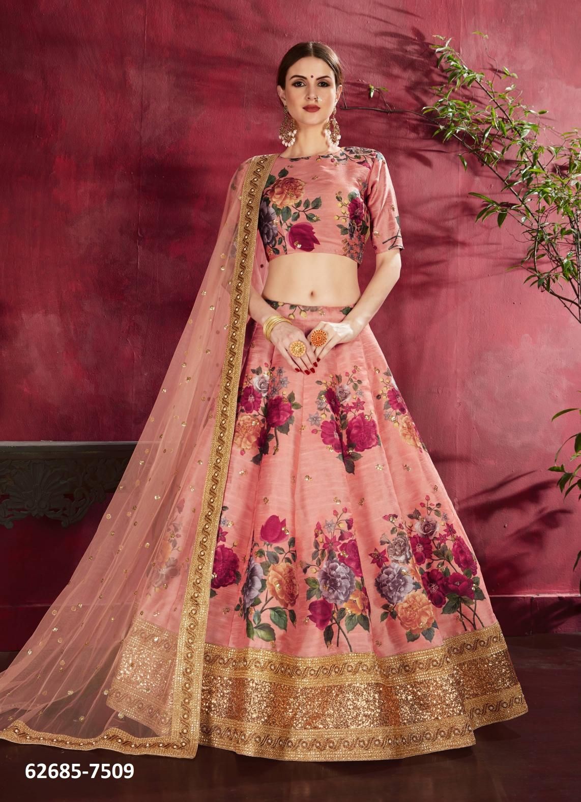 CARNATIONS - Catalog # 62685 (Set of 11 Semi-Stitched Lehengas) by Desi Muse