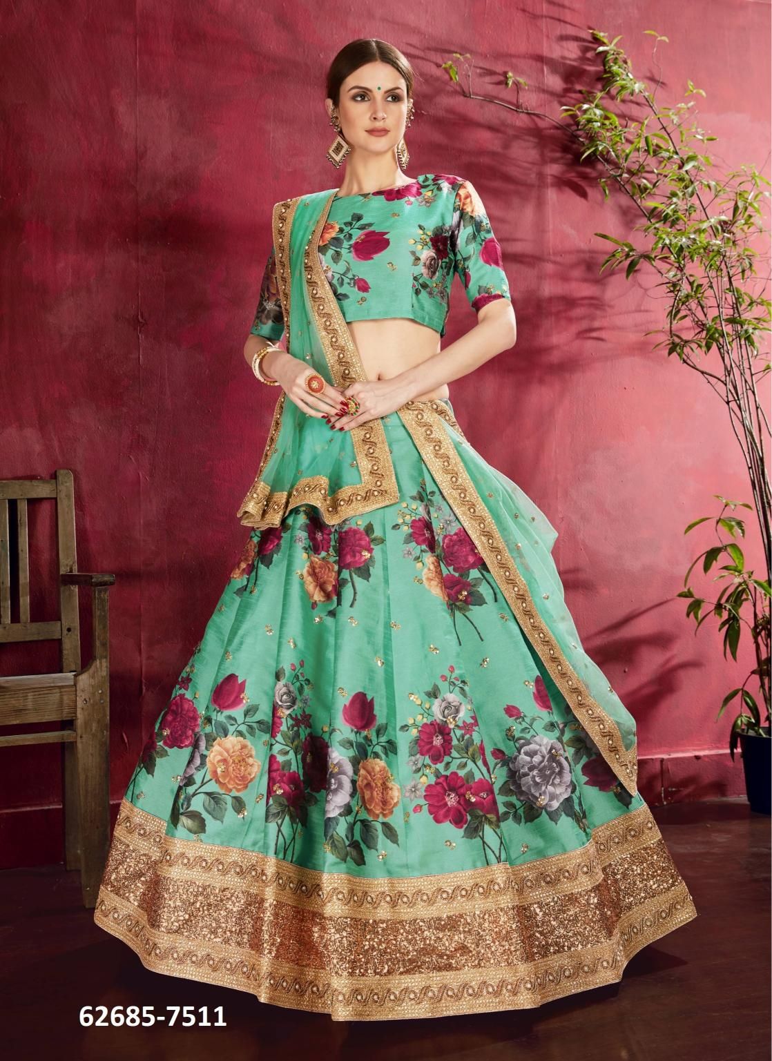 CARNATIONS - Catalog # 62685 (Set of 11 Semi-Stitched Lehengas) by Desi Muse