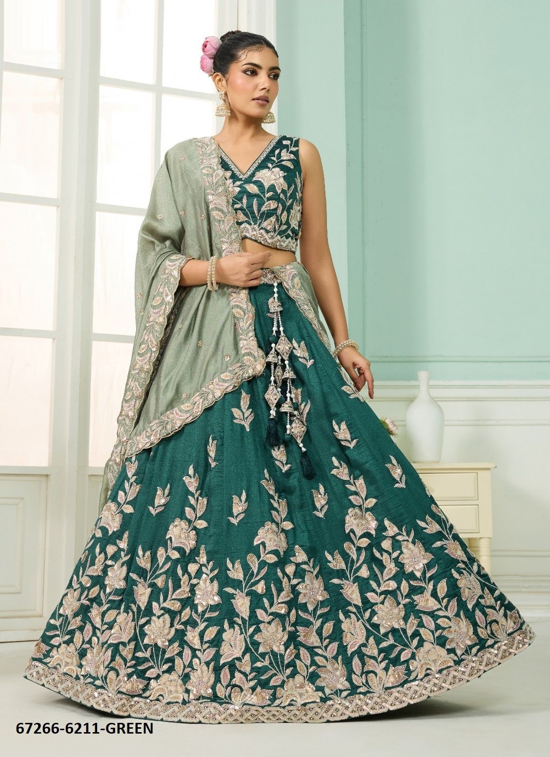 DESIGN 6211 - Catalog # 67266 (Set of 3 Semi-Stitched Lehengas)