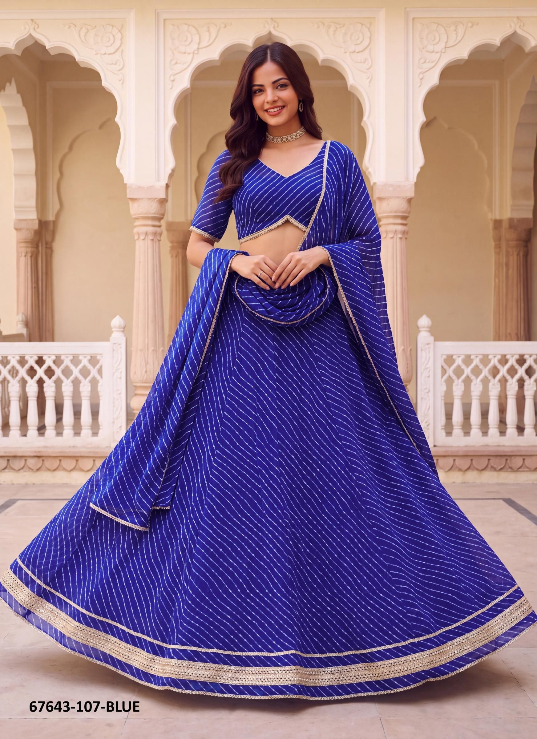 LEHERIYA - Catalog # 67643 (Set of 3 Semi-Stitched Lehengas)