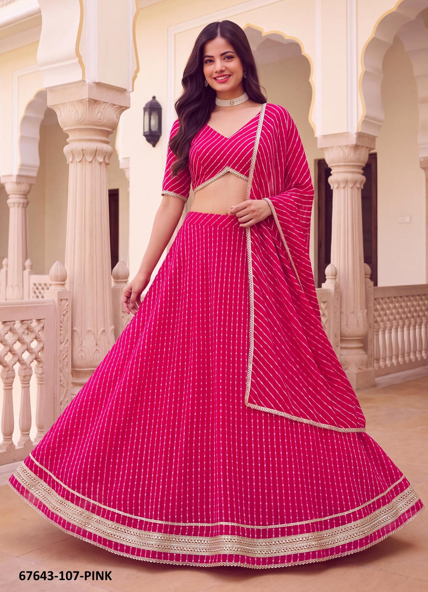 LEHERIYA - Catalog # 67643 (Set of 3 Semi-Stitched Lehengas)