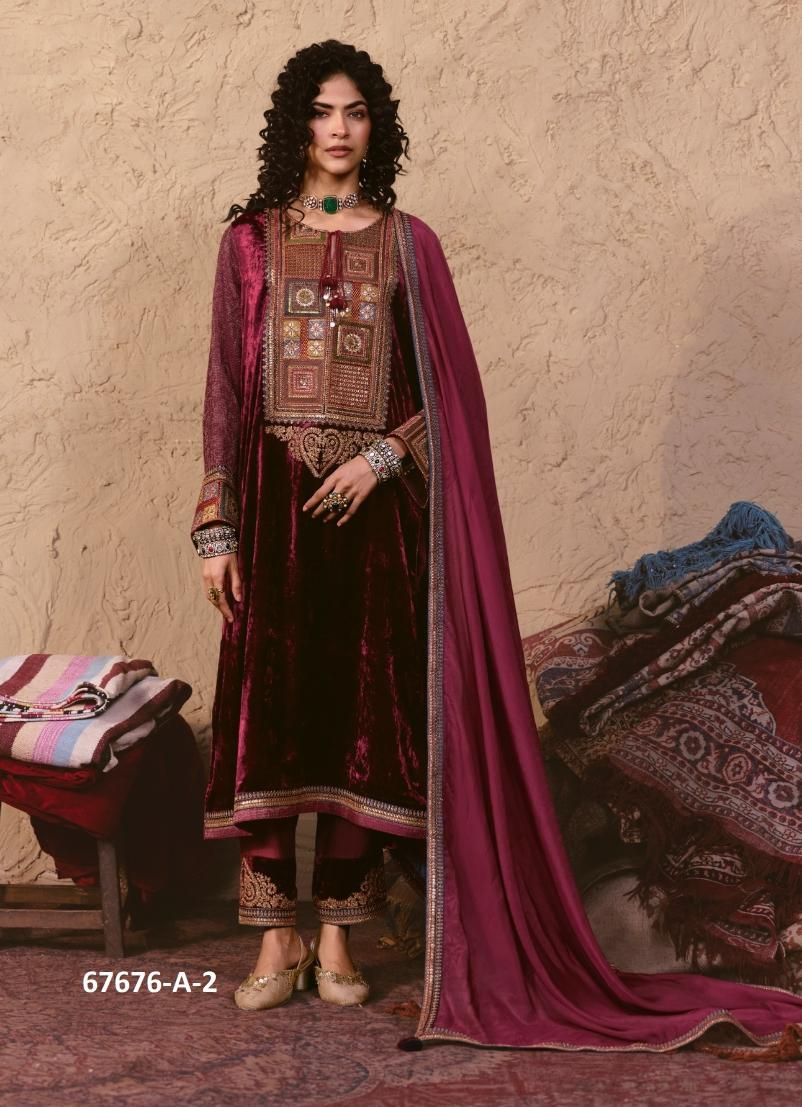 NAINA VELVET - Catalog # 67676 (Set of 6 Semi-Stitched / Un-Stitched Suits)