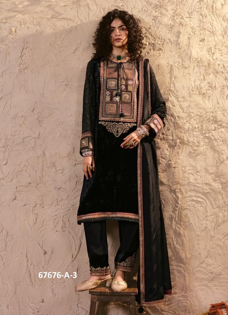 NAINA VELVET - Catalog # 67676 (Set of 6 Semi-Stitched / Un-Stitched Suits)