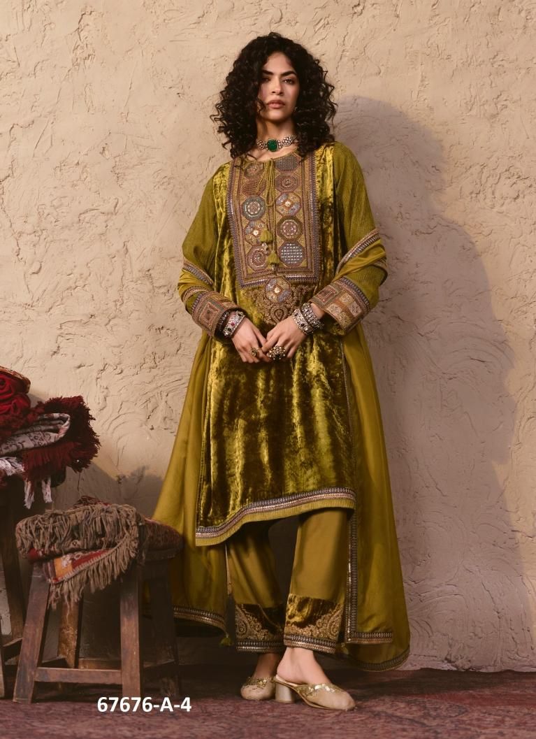 NAINA VELVET - Catalog # 67676 (Set of 6 Semi-Stitched / Un-Stitched Suits)