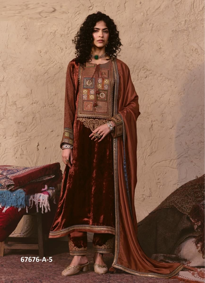 NAINA VELVET - Catalog # 67676 (Set of 6 Semi-Stitched / Un-Stitched Suits)