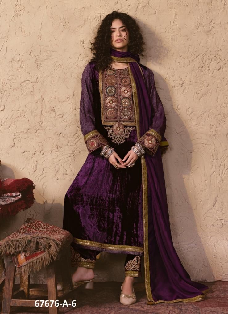 NAINA VELVET - Catalog # 67676 (Set of 6 Semi-Stitched / Un-Stitched Suits)