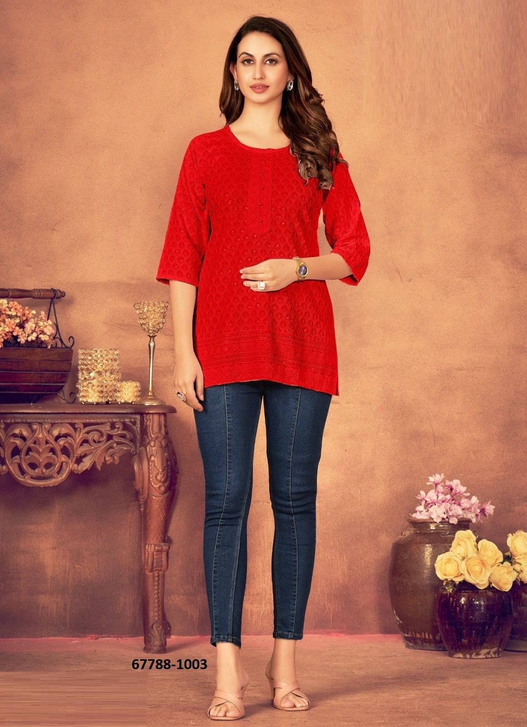 SHORT KURTI IN BIG SIZE - Catalog # 67788 (Set of 3 SIZE-SETS [Readymade Women's Kurtis / Tops])