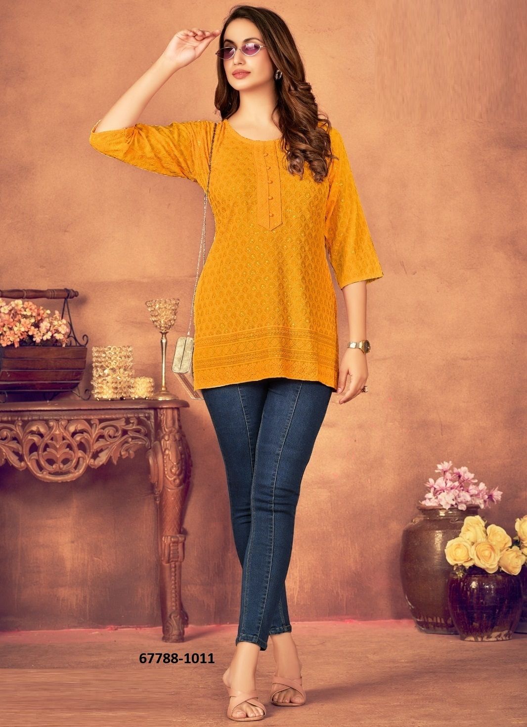 SHORT KURTI IN BIG SIZE - Catalog # 67788 (Set of 3 SIZE-SETS [Readymade Women's Kurtis / Tops])