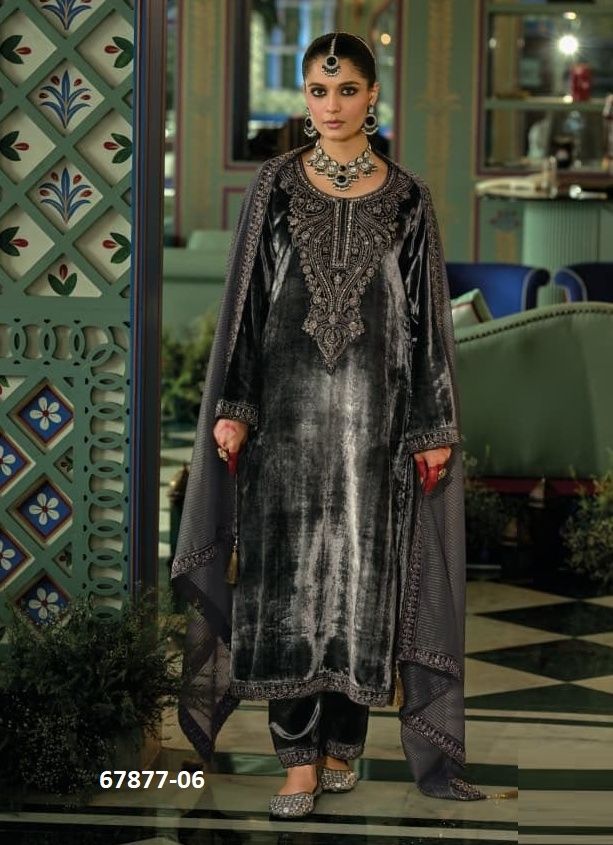 VALENTINE VELVET - Catalog # 67877 (Set of 6 Semi-Stitched / Un-Stitched Suits)