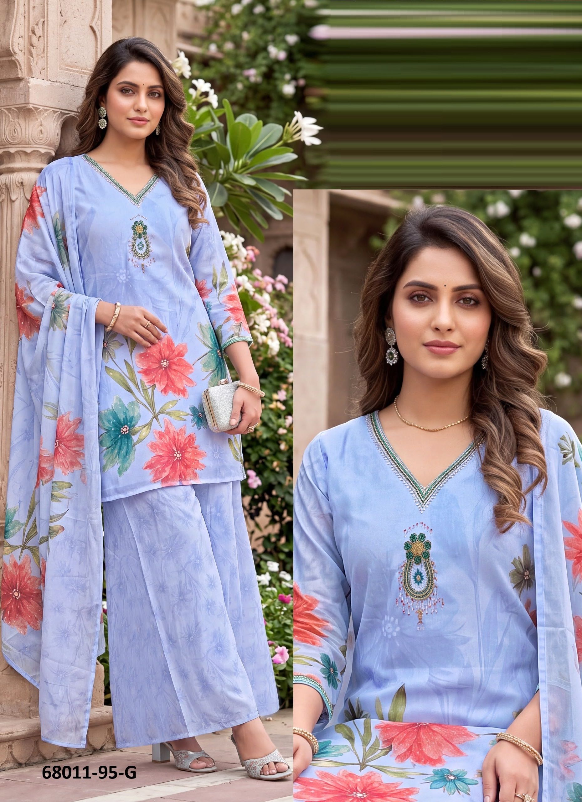 DIGITAL FLORA - Catalog # 68011 (Set of 5 SIZE-SETS [Readymade Salwar Suits])
