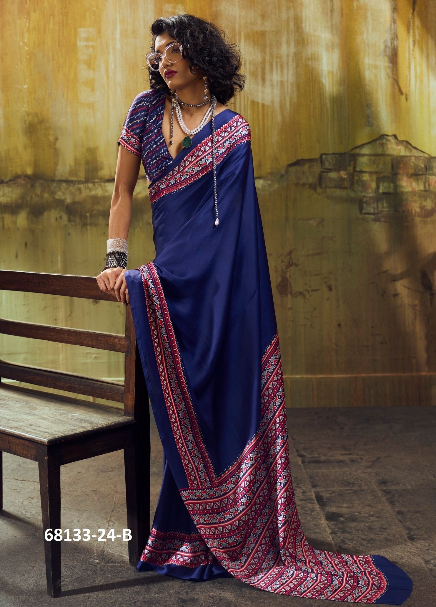 AJRAKH IN SATIN - Catalog # 68133 (Set of 6 Sarees)