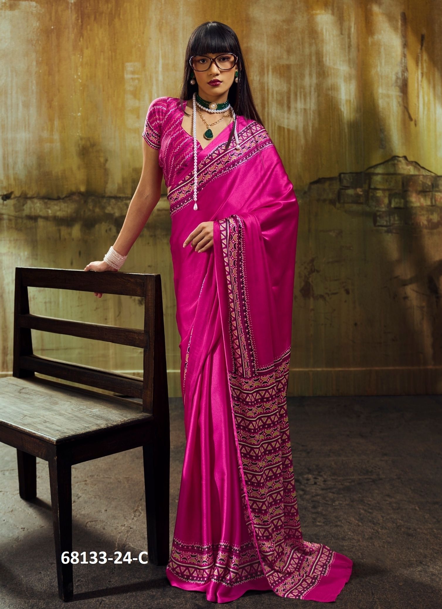 AJRAKH IN SATIN - Catalog # 68133 (Set of 6 Sarees)