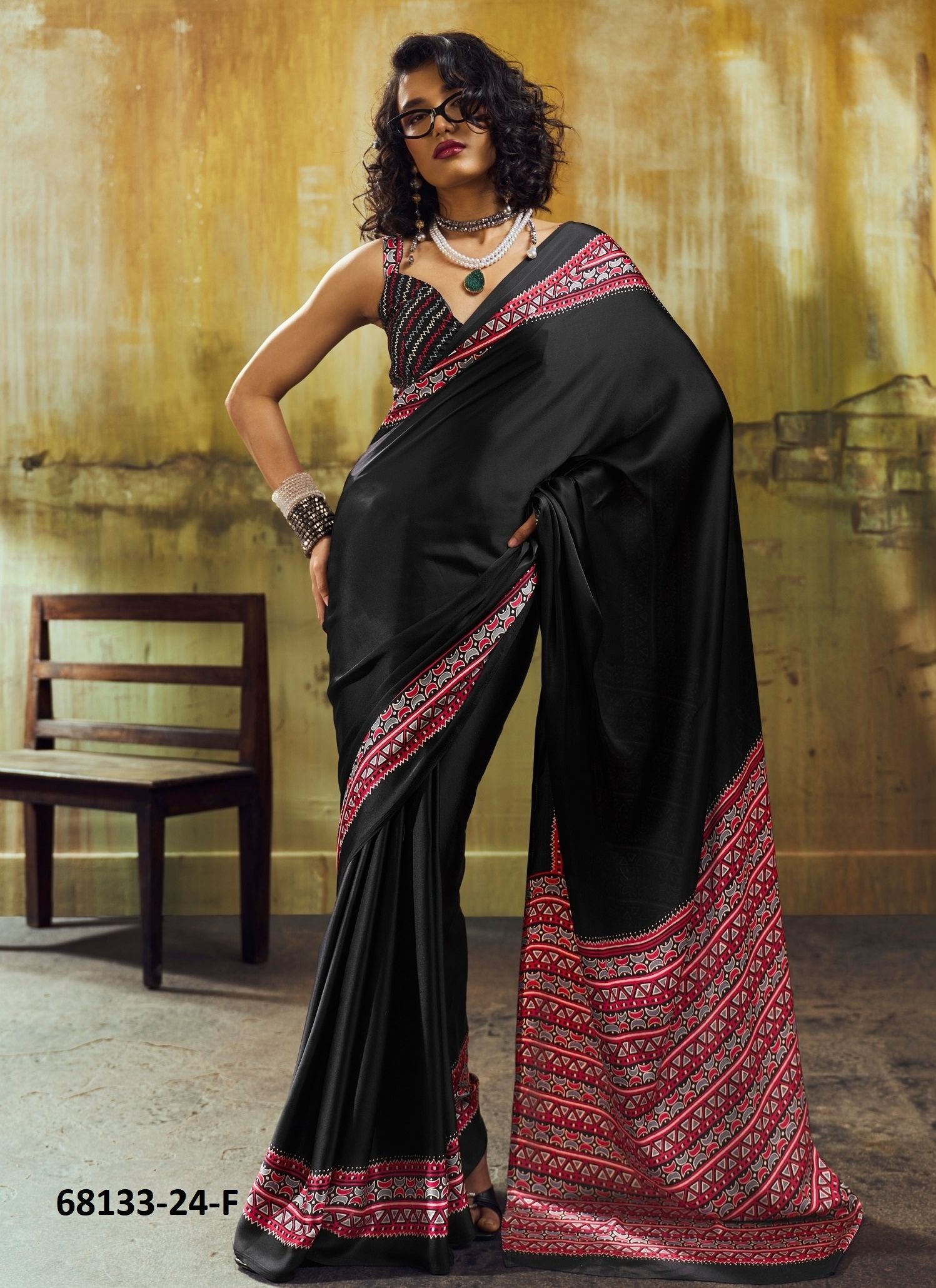 AJRAKH IN SATIN - Catalog # 68133 (Set of 6 Sarees)