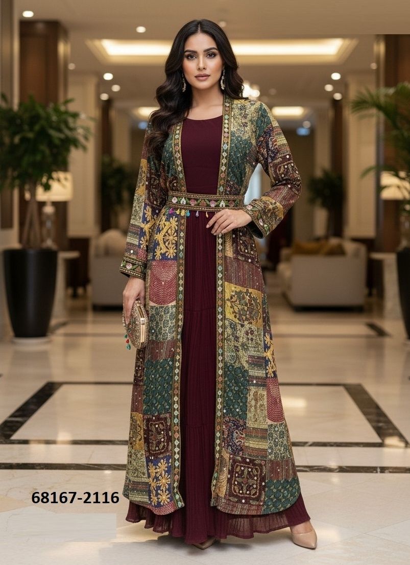 GOWN WITH JACKET & BELT - Catalog # 68167 (Set of 4 Indo-Western Outfits) GOWN WITH JACKET & BELT - Catalog # 68167 (Set of 4 Indo-Western Outfits)