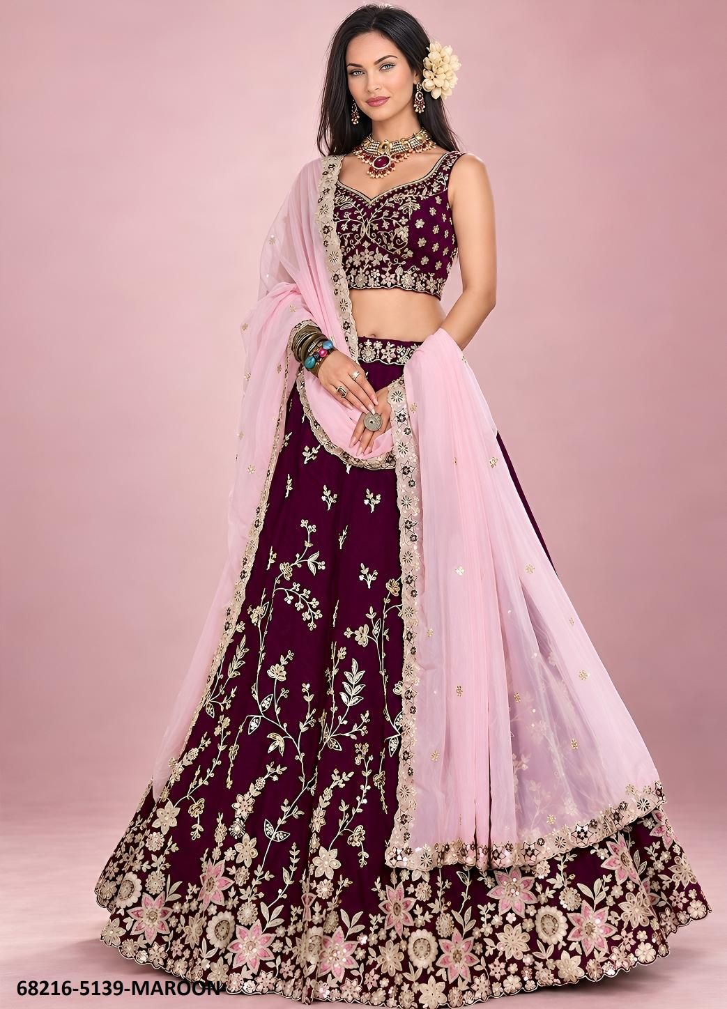 SILK DORI SEQUINS - Catalog # 68216 (Set of 4 Semi-Stitched Lehengas)