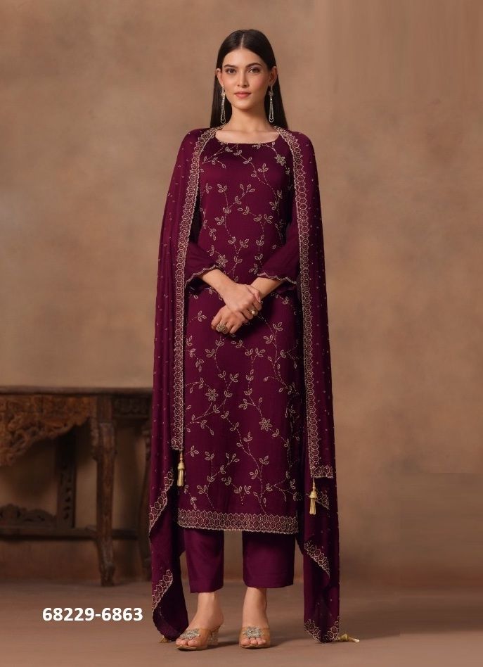 ICONIC SATIN CHIFFON - Catalog # 68229 (Set of 6 Readymade Salwar Suits)