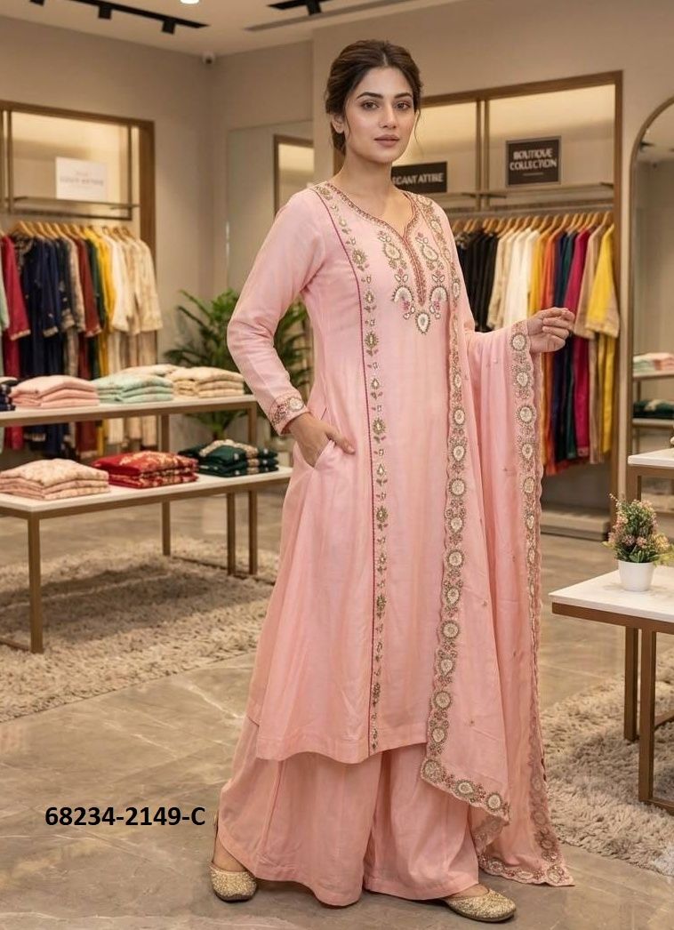 MUL CHANDERI THREADS - Catalog # 68234 (Set of 3 Readymade Salwar Suits)