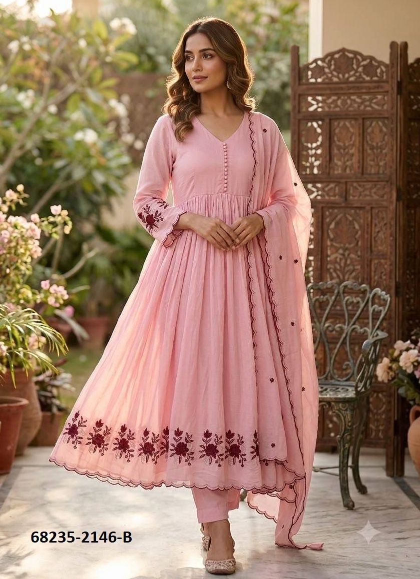 MUL CHANDERI ANARKALI - Catalog # 68235 (Set of 3 Readymade Salwar Suits)