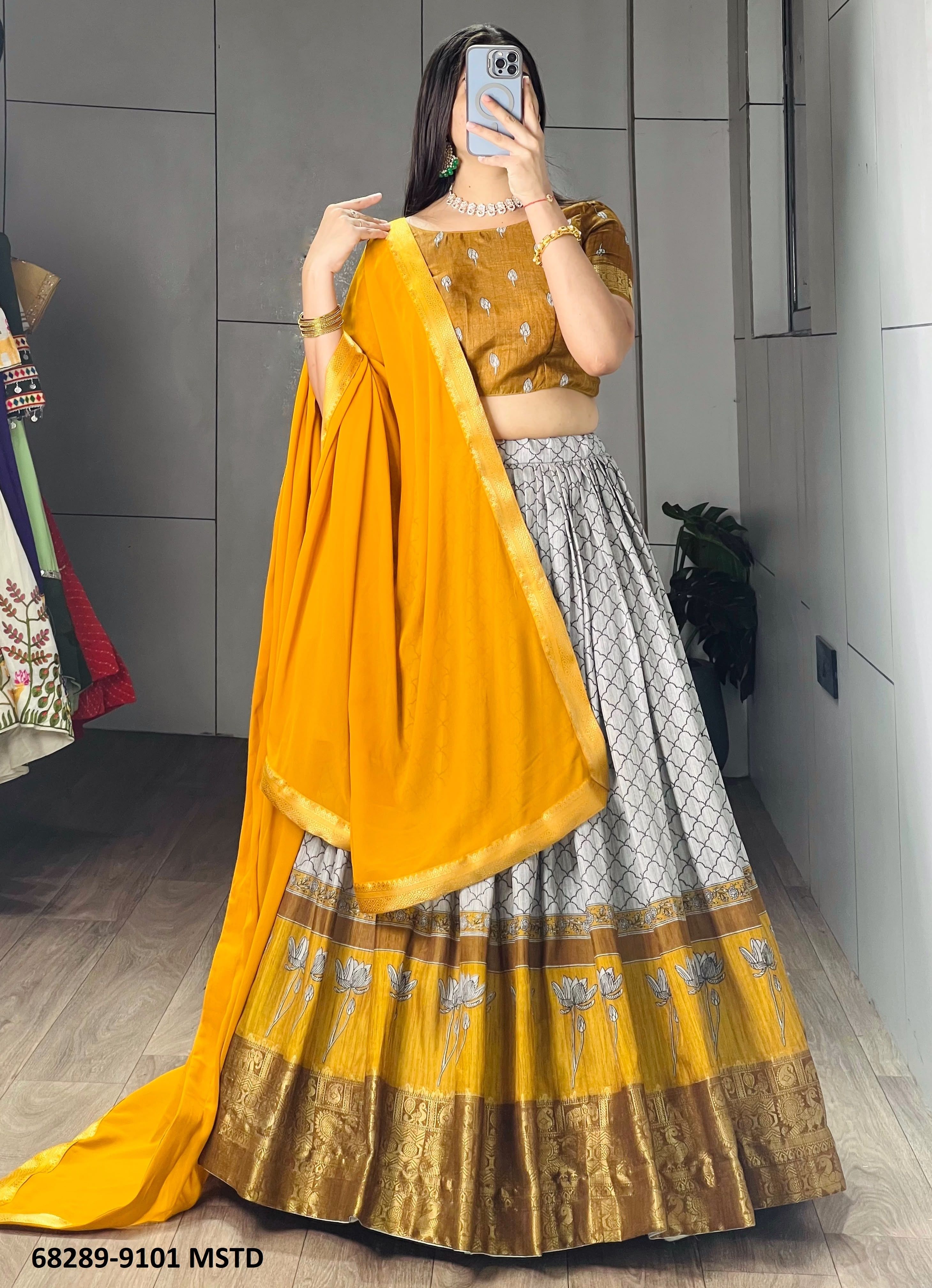 TUSSE KHICHU - Catalog # 68289 (Set of 4 Semi-Stitched Lehengas) TUSSE KHICHU - Catalog # 68289 (Set of 4 Semi-Stitched Lehengas)