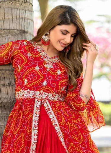 NAVRATRI BANDHEJ SHRUG - Catalog # 59524 (Set of 2 Readymade Lehengas) by Brand MEHERIYA