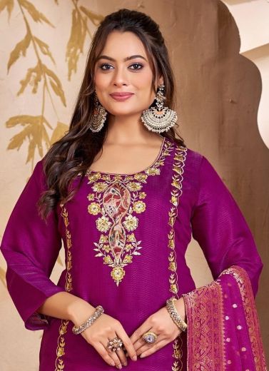 MUL CHANDERI SELF JACQUARD P7 - Catalog # 60398 (Set of 7 SIZE-SETS [Readymade Salwar Suits]) MADE IN INDIA BY DESI MUSE