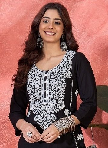WHITE RAYON THREAD WORK - Catalog # 62218 (Set of 10 Readymade Women's Kurtis / Tops) by Aabharan