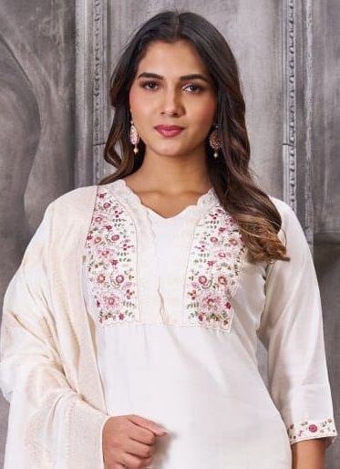 WHITE-ORANGE-BROWN - Catalog # 63010 (Set of 3 Readymade Salwar Suits) by Amdavadi Fashion