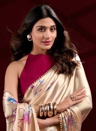 SATIN FLORAL PRINT 7028 - Catalog # 63032 (Set of 4 Sarees) by Semad Styles