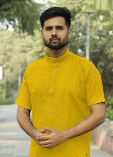 CHIKANKARI STYLISH SHORT KURTA - Catalog # 64309 (Set of 5 Men's Ethnic Wear)