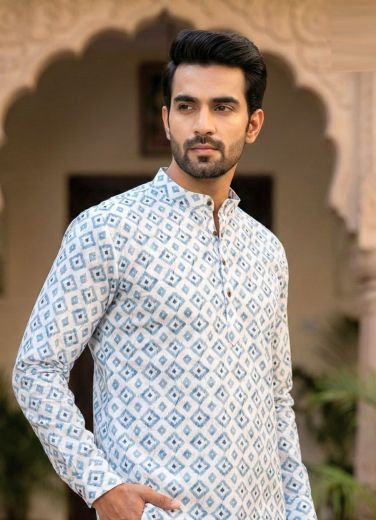 SHORT COTTON PRINTED KURTA - Catalog # 64665 (Set of 7 Men's Ethnic Wear)