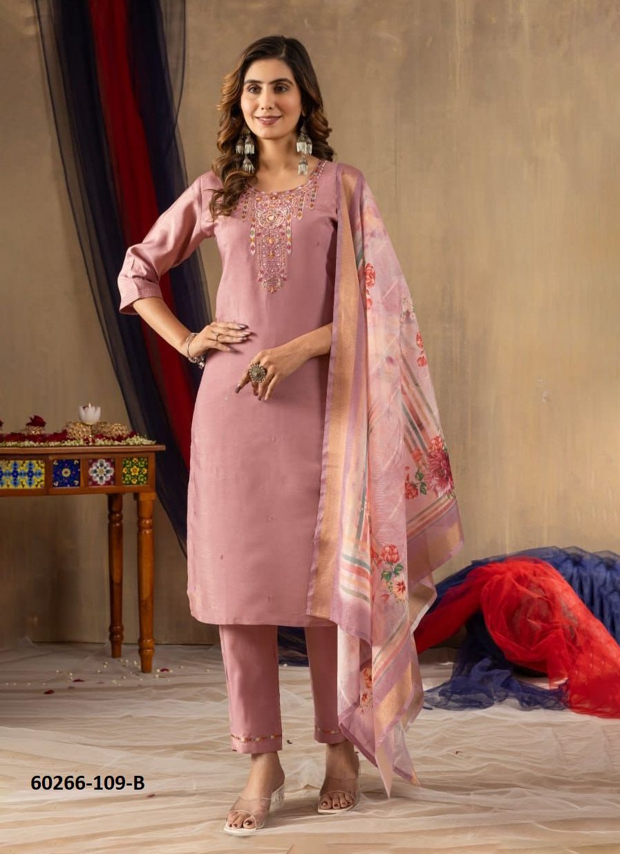 SHIMMER GOLD PRINTS - Catalog # 60266 (Set of 4 Readymade Salwar Suits) MADE IN INDIA BY SERENGETI