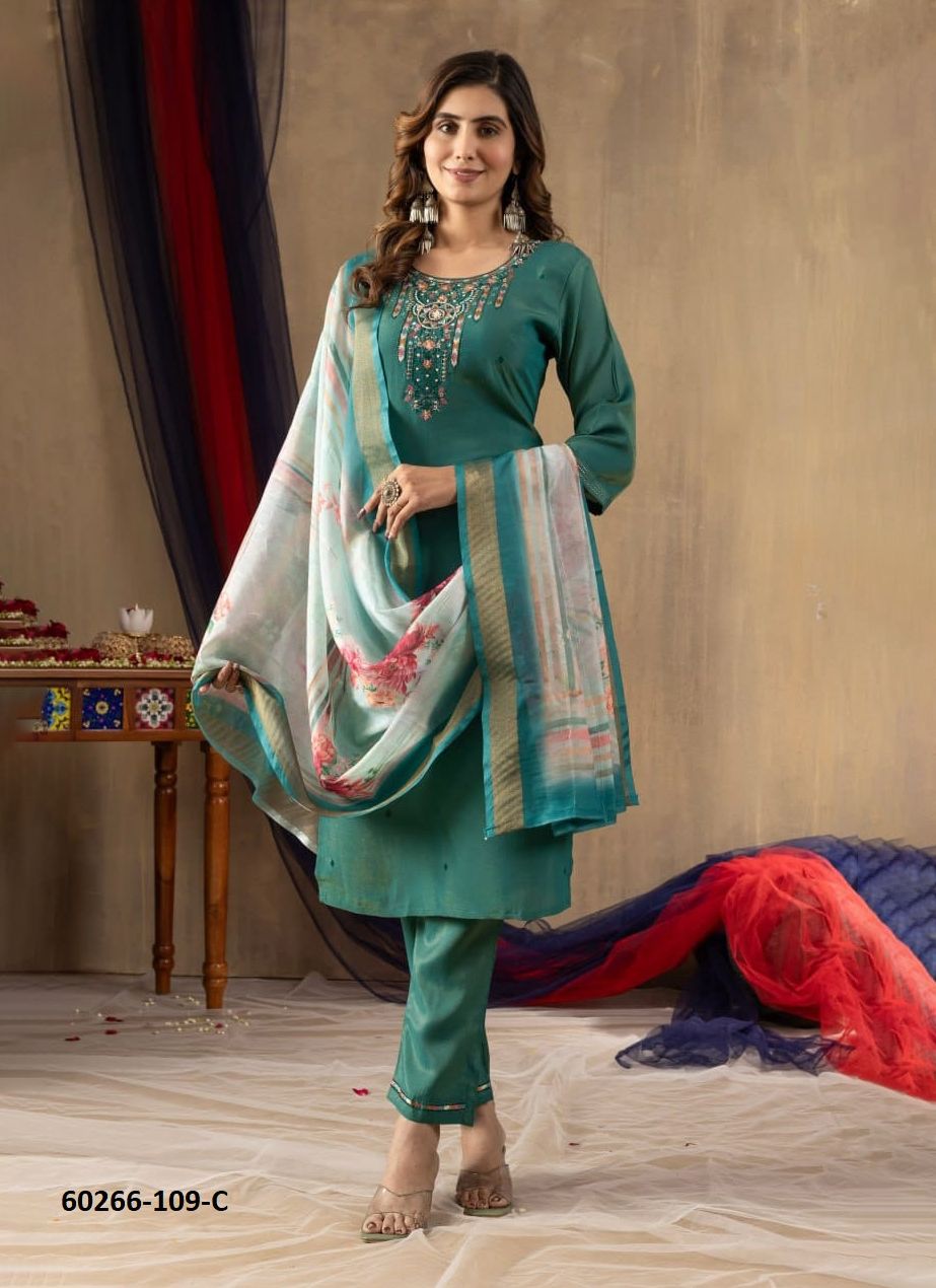 SHIMMER GOLD PRINTS - Catalog # 60266 (Set of 4 Readymade Salwar Suits) MADE IN INDIA BY SERENGETI