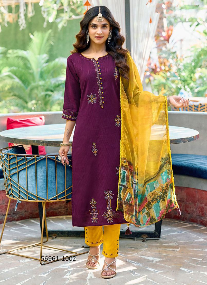 KHOOBSURAT - Catalog # 56961 (Set of 6 Readymade Salwar Suits) by Brand MITTOO
