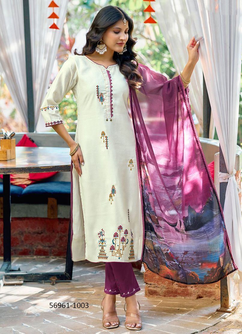 KHOOBSURAT - Catalog # 56961 (Set of 6 Readymade Salwar Suits) by Brand MITTOO