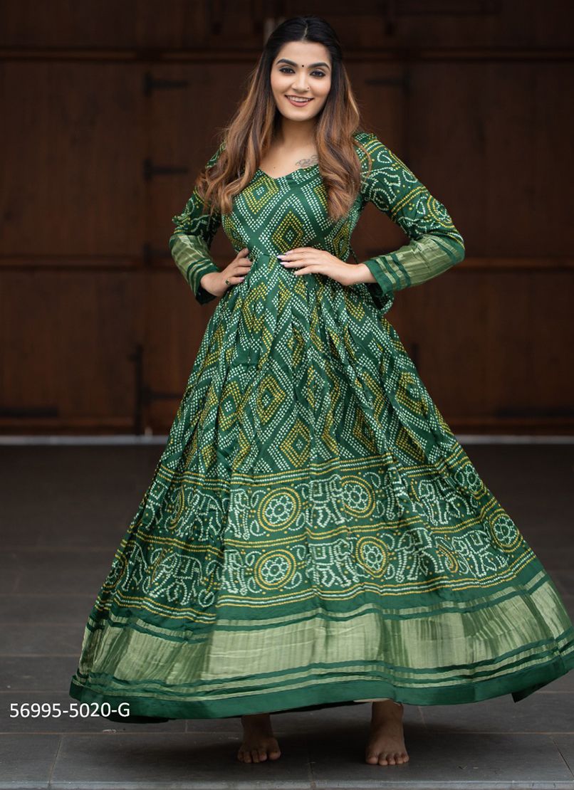 floor length bandhani long dress Bandhani Print Rayon Gown with Embroidery and Gota Work