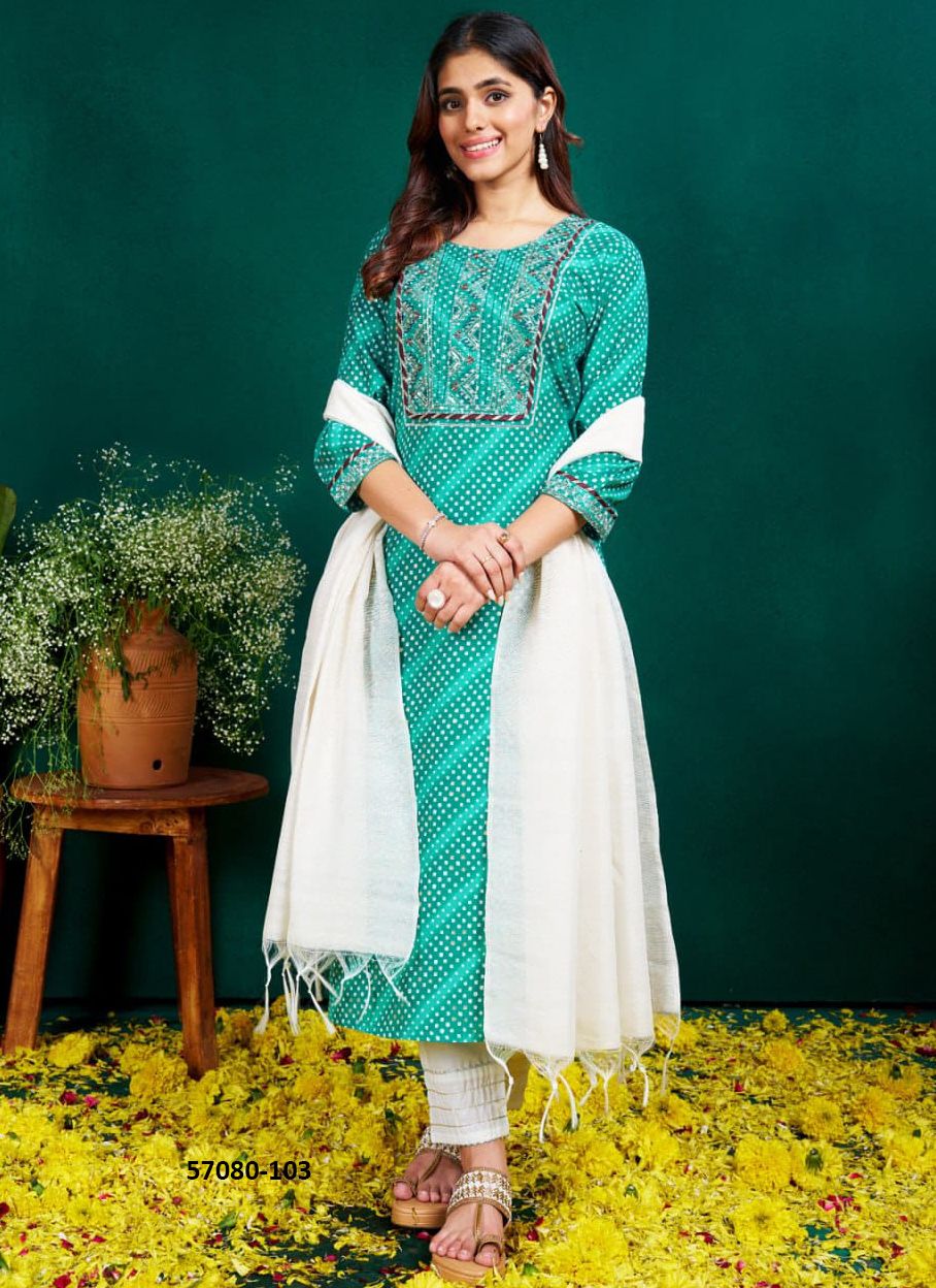 FANCY COTTON PRINTS - Catalog # 57080 (Set of 6 Readymade Salwar Suits) by Brand STROLLAY ®