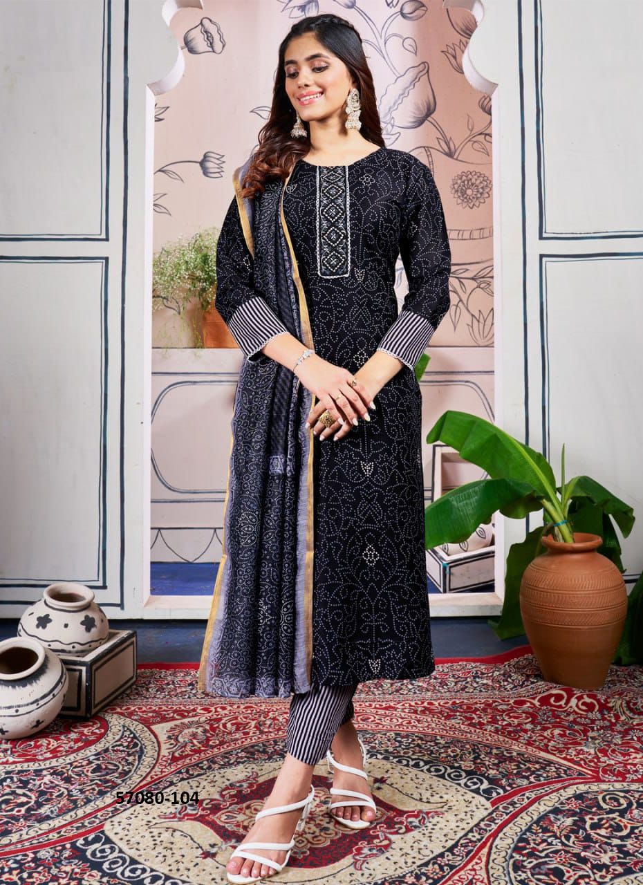 FANCY COTTON PRINTS - Catalog # 57080 (Set of 6 Readymade Salwar Suits) by Brand STROLLAY ®