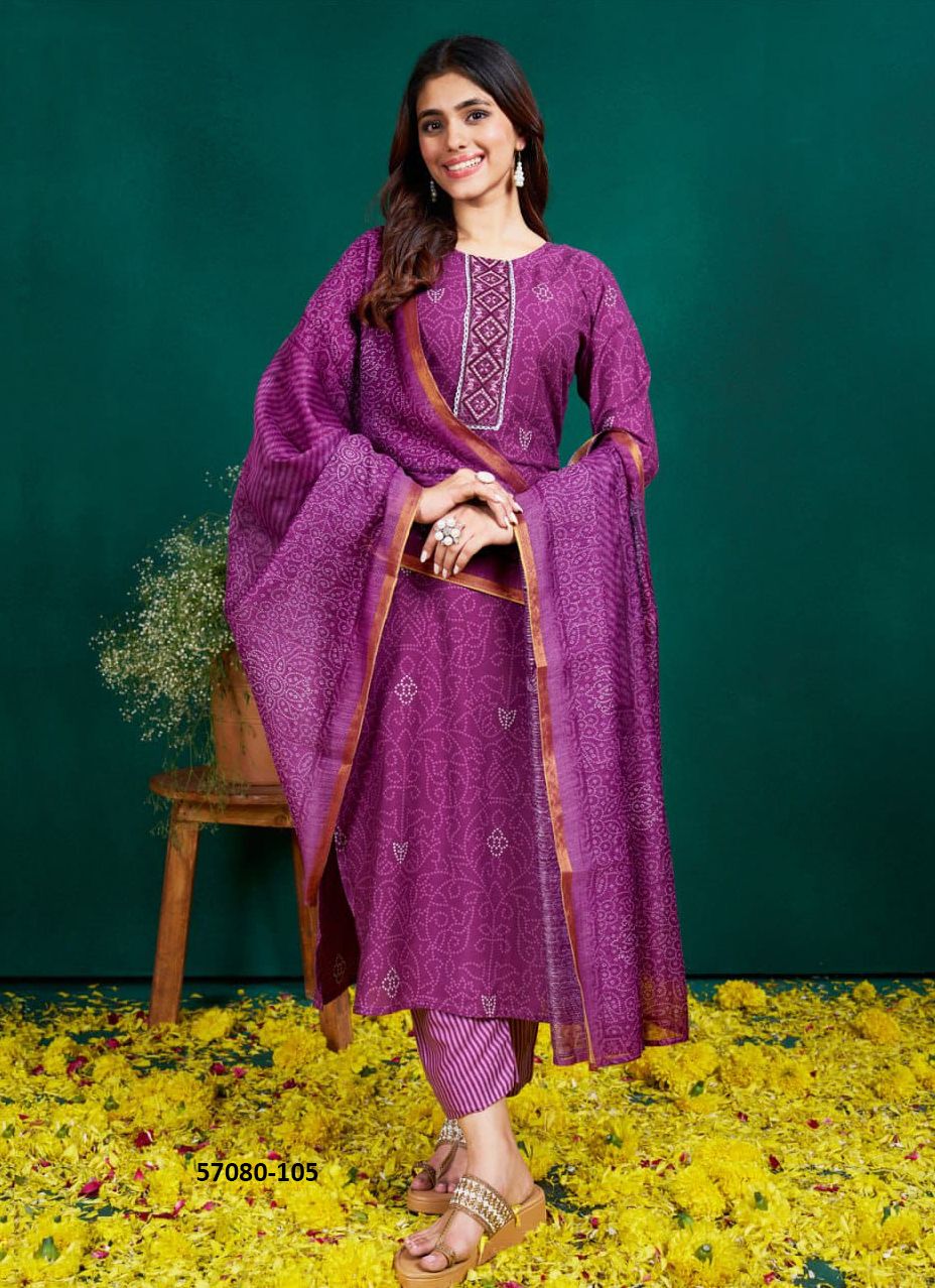 FANCY COTTON PRINTS - Catalog # 57080 (Set of 6 Readymade Salwar Suits) by Brand STROLLAY ®