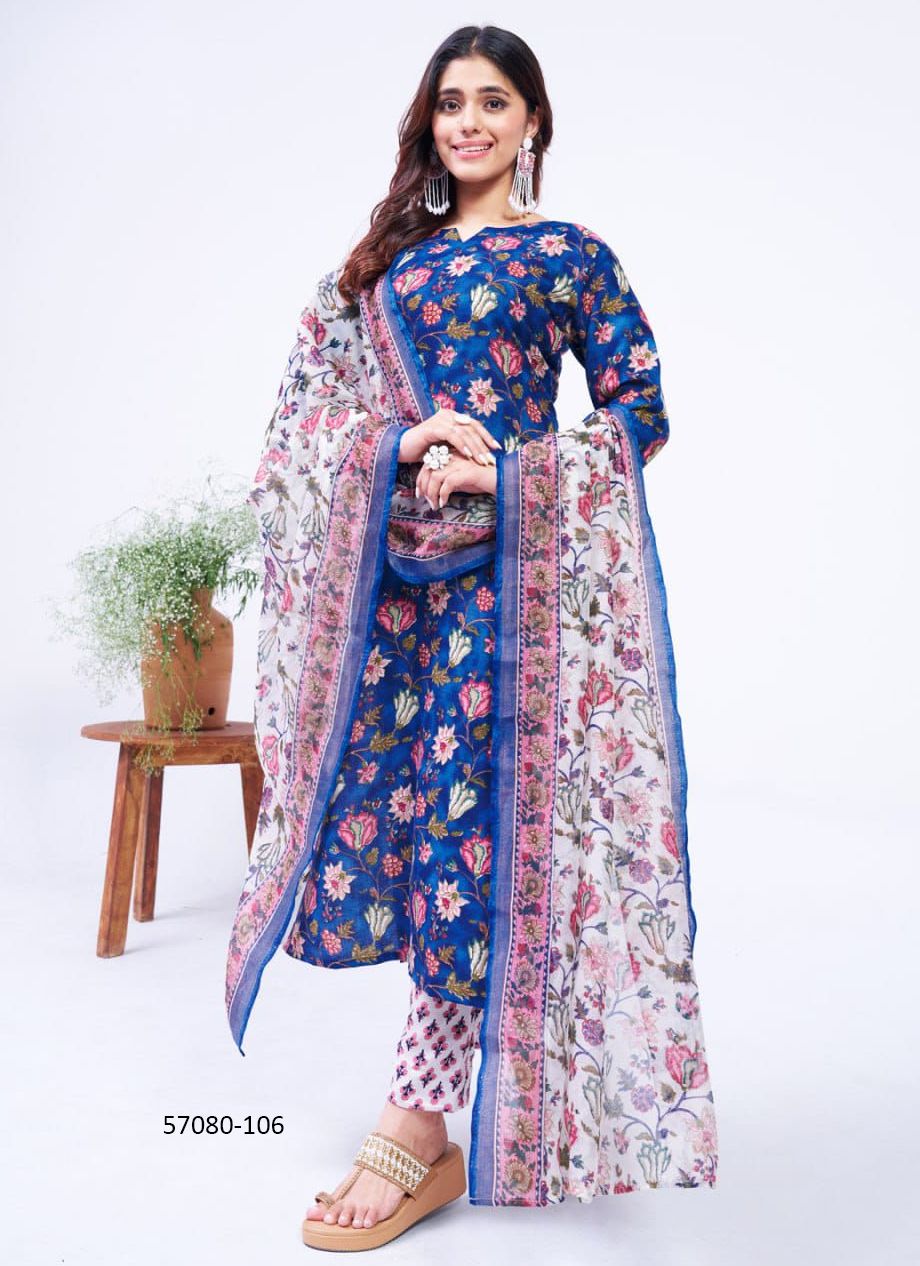 FANCY COTTON PRINTS - Catalog # 57080 (Set of 6 Readymade Salwar Suits) by Brand STROLLAY ®