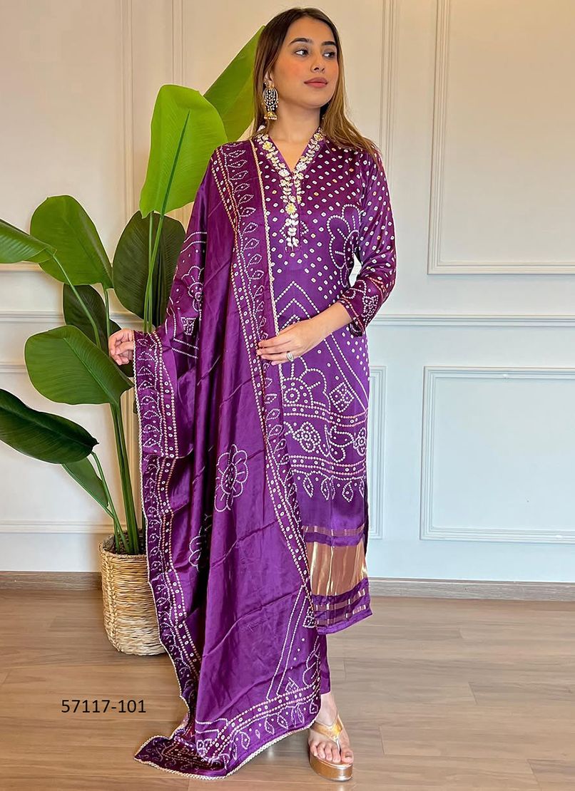 PURPLE GAJJI BANDHANI PRINT Catalog 57117 (Set of SIZE-SETS  [Readymade Salwar Suits]) by Brand STROLLAY ®